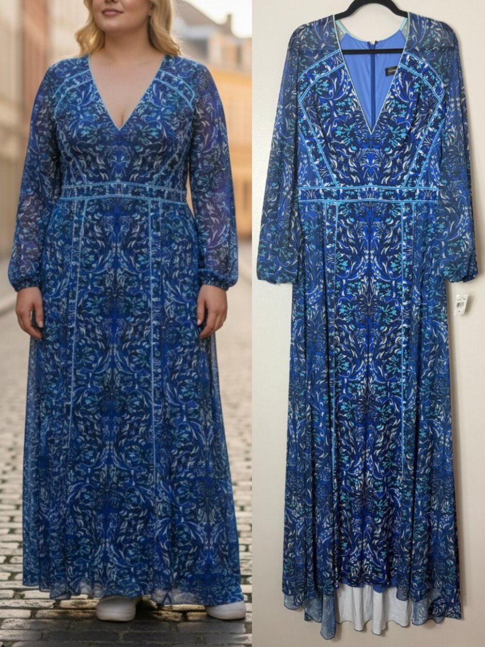 NWT TADASHI SHOJI DRESS BLUE BOHO BOHEMIAN LONGLINE MAXI GOWN LONG WESTERN FLOWY